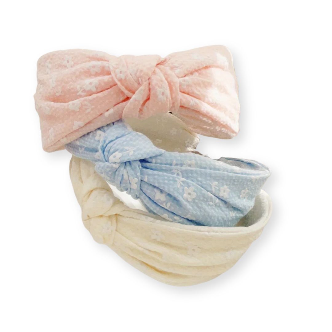 3 serre-têtes noués rose, bleu et blanc avec des petites fleurs - Chic & Coquette