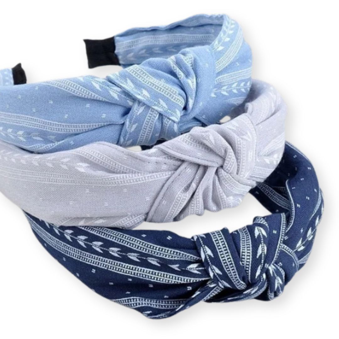 3 serre-têtes noeud en tissus bandana bleu ciel, gris et bleu foncé - Chic & Coquette