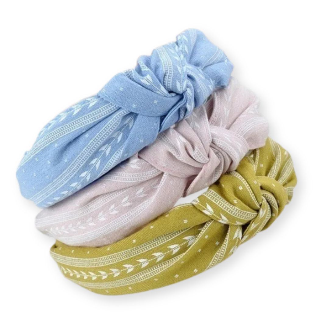 3 serre-têtes noeud en tissus bandana bleu ciel, gris et jaune - Chic & Coquette