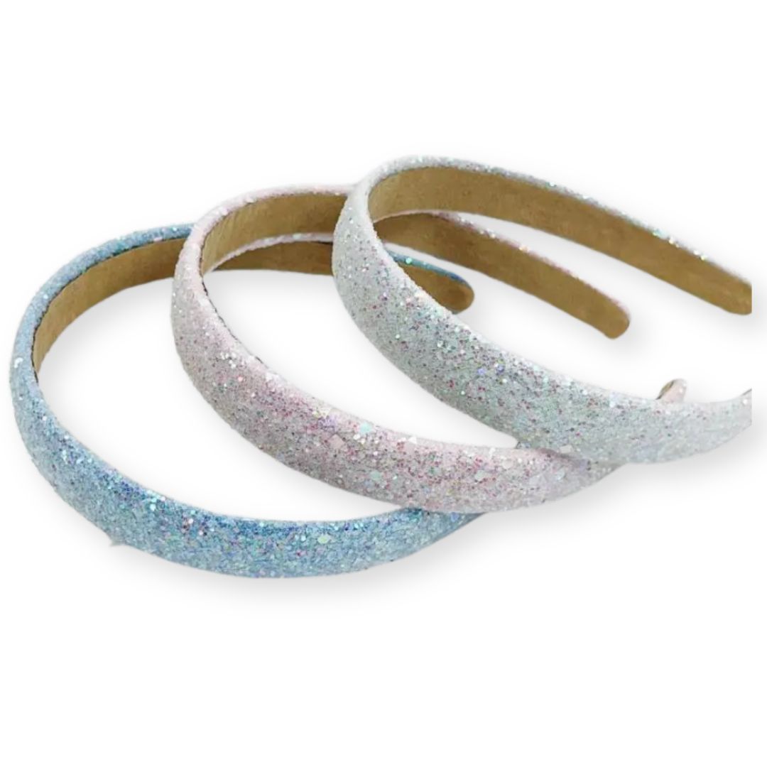3 serre-têtes à paillettes en sequin de couleurs bleu, blanc et rose - Chic & Coquette