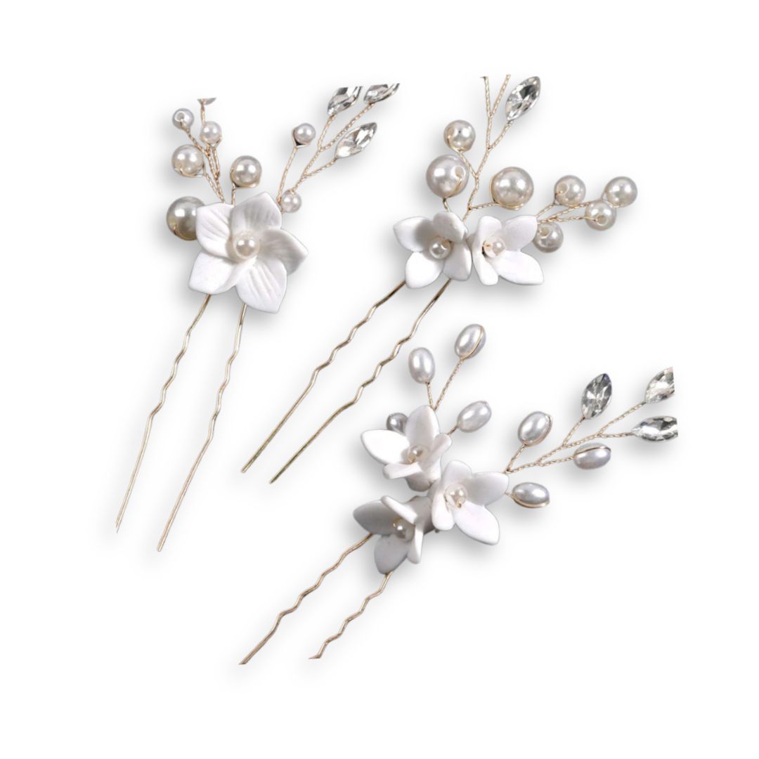Lot de 3 épingles à cheveux fleurs blanches et perles Or - Chic & Coquette