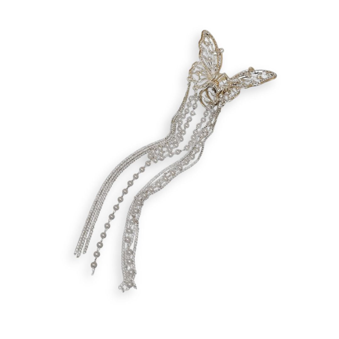 Pince à cheveux papillon en métal avec perles pendantes Argent - Chic & Coquette