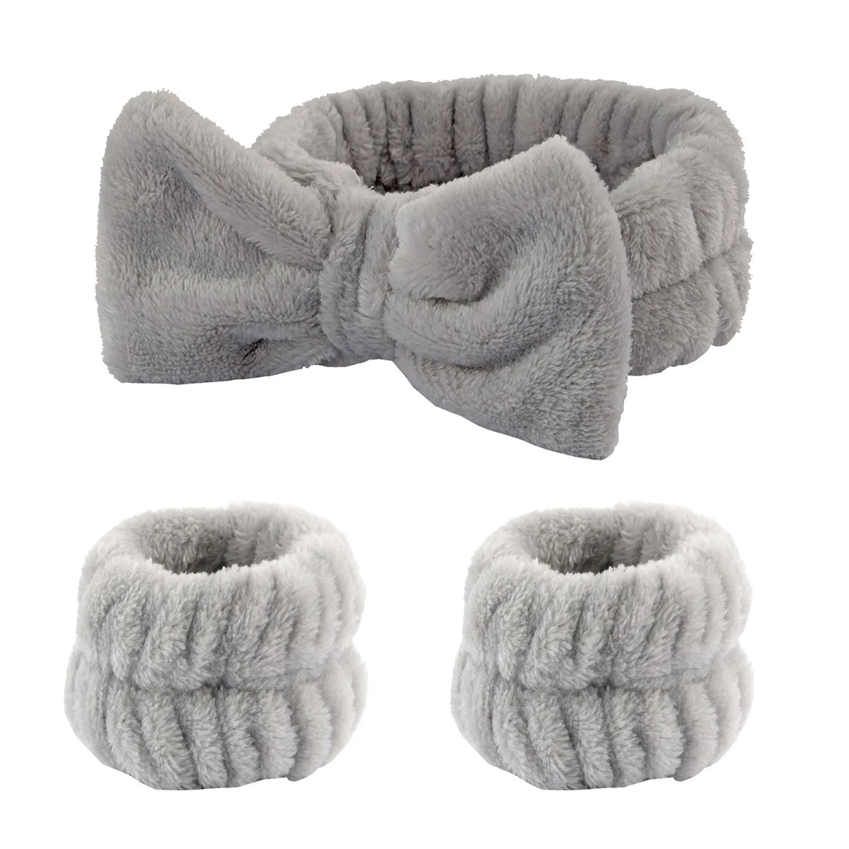 Kit Soin Visage – Bandeau Nœud Papillon & Bracelets Absorbants Gris - Chic & Coquette