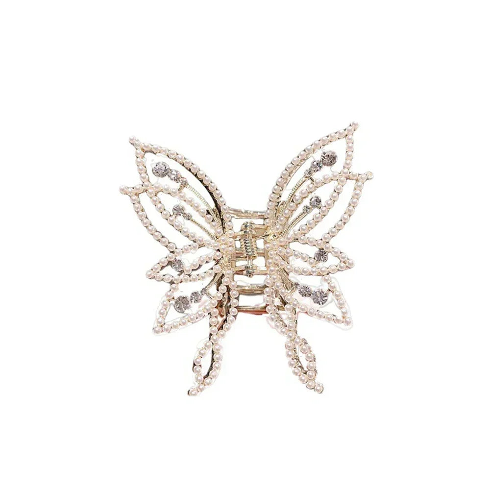 Pince à cheveux grand papillon orné de petites perles argenté Blanc - Chic & Coquette