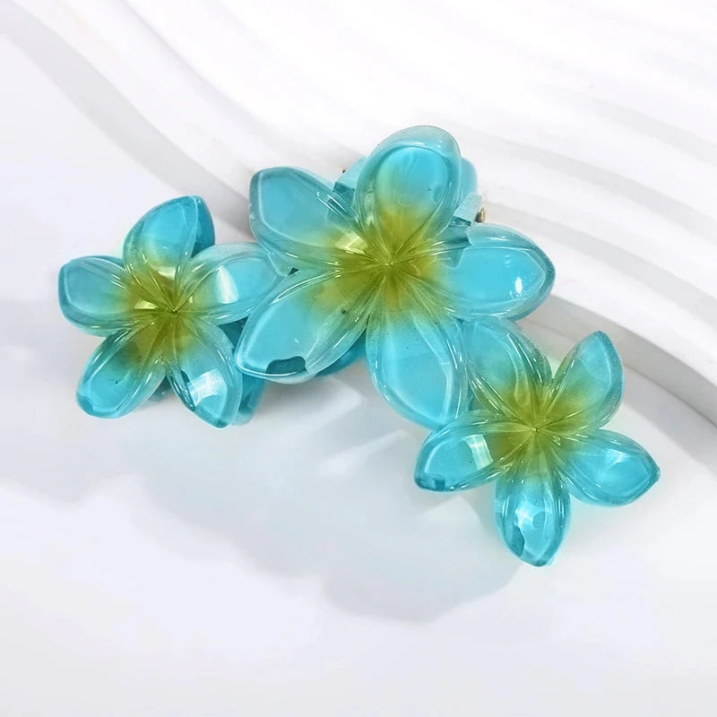Pince à cheveux 3 fleurs en plastique | Fleurs de frangipanier Orange bleu - Chic & Coquette