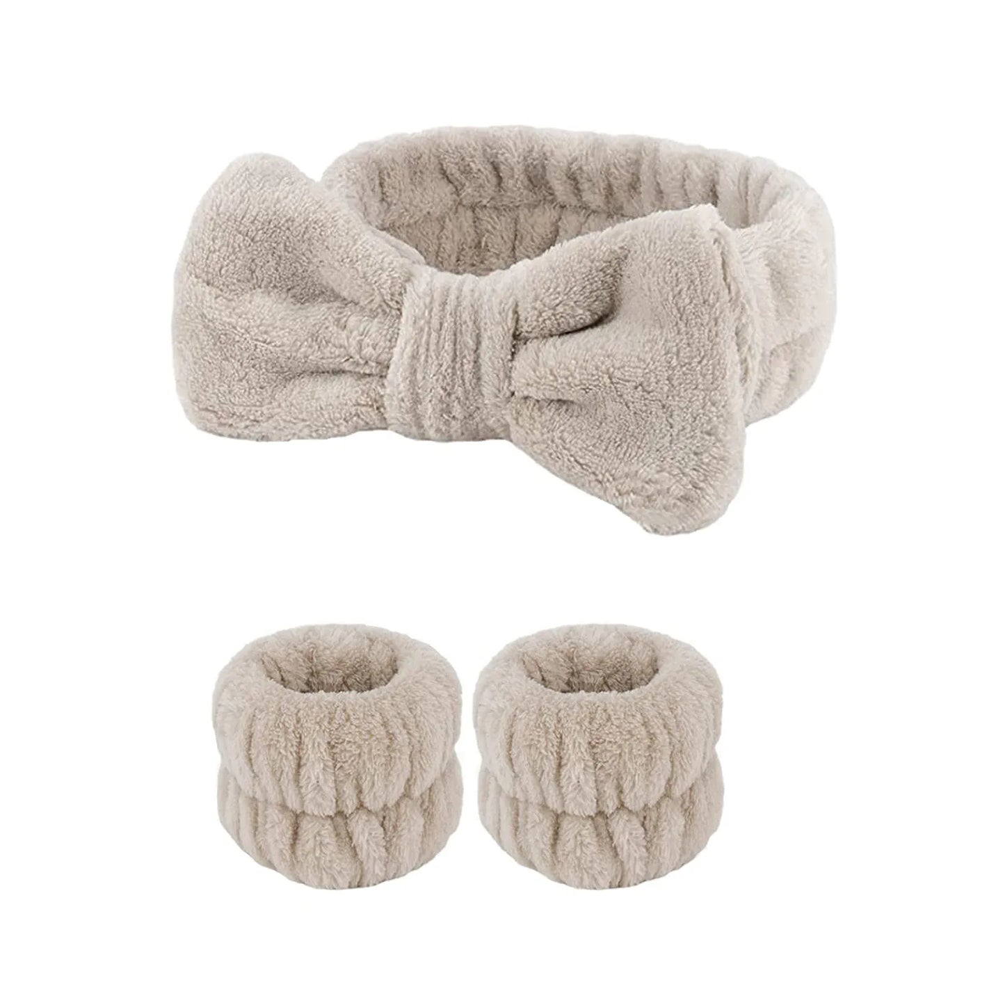 Kit Soin Visage – Bandeau Nœud Papillon & Bracelets Absorbants Café - Chic & Coquette