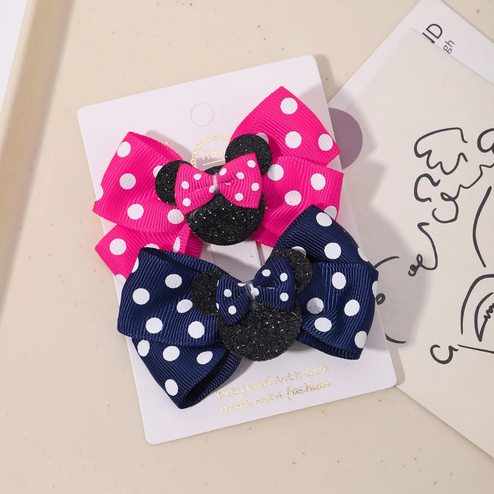 2 barrettes bébé fille avec nœuds à pois – style Mickey & Minnie Rose bonbon-Blanc - Chic & Coquette