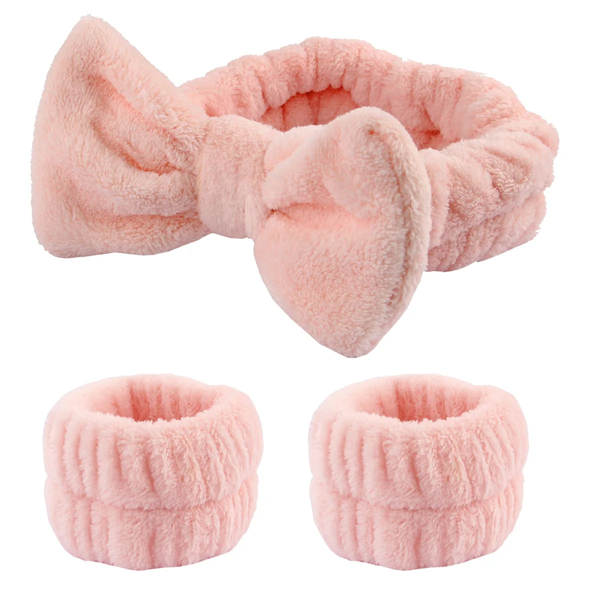 Kit Soin Visage – Bandeau Nœud Papillon & Bracelets Absorbants Rose poudré - Chic & Coquette