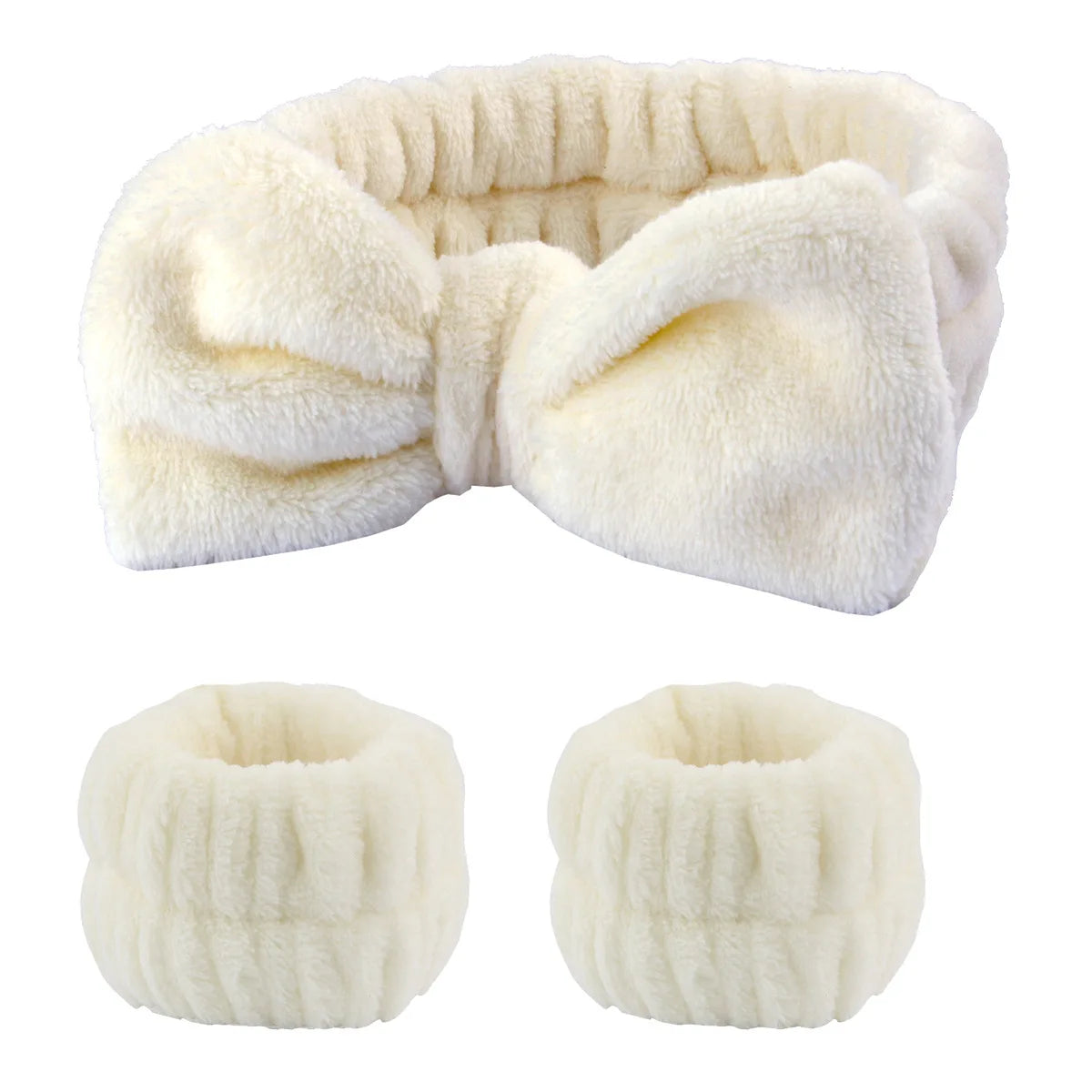 Kit Soin Visage – Bandeau Nœud Papillon & Bracelets Absorbants Beige - Chic & Coquette