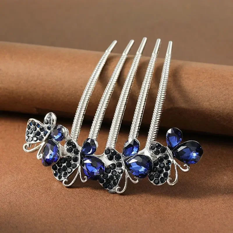 Peigne à cheveux papillon en zircon scintillant Bleu et Noir - Chic & Coquette