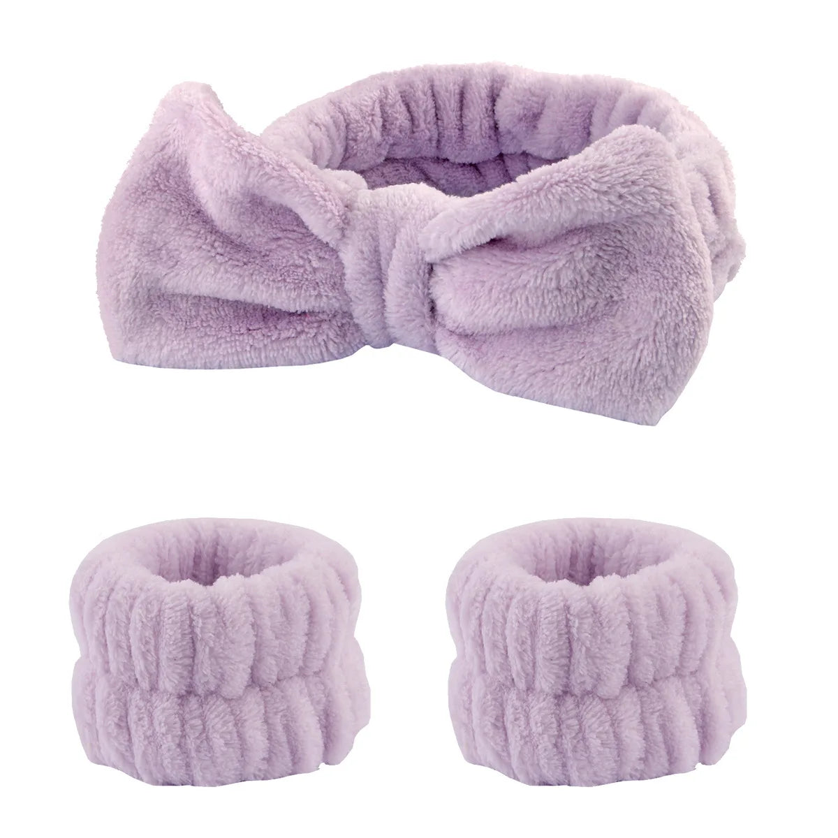 Kit Soin Visage – Bandeau Nœud Papillon & Bracelets Absorbants Violet - Chic & Coquette