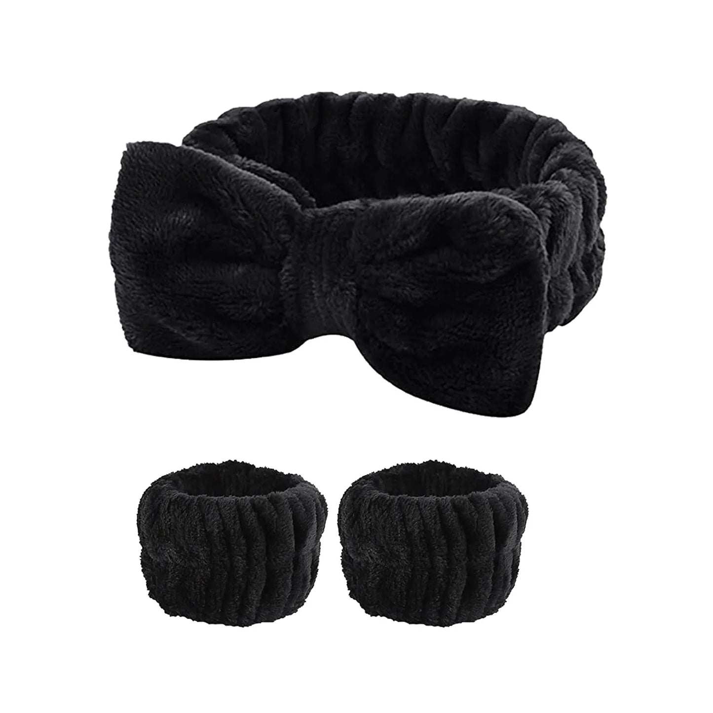 Kit Soin Visage – Bandeau Nœud Papillon & Bracelets Absorbants Noir - Chic & Coquette