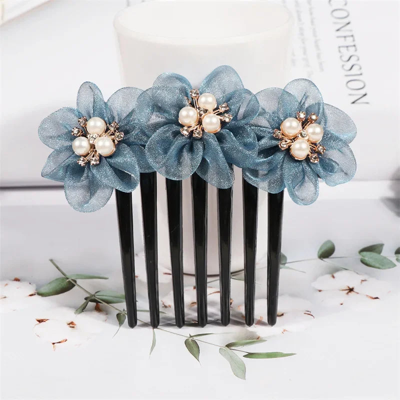 Peigne à cheveux fleurs tissées en fil de soie Bleu - Chic & Coquette