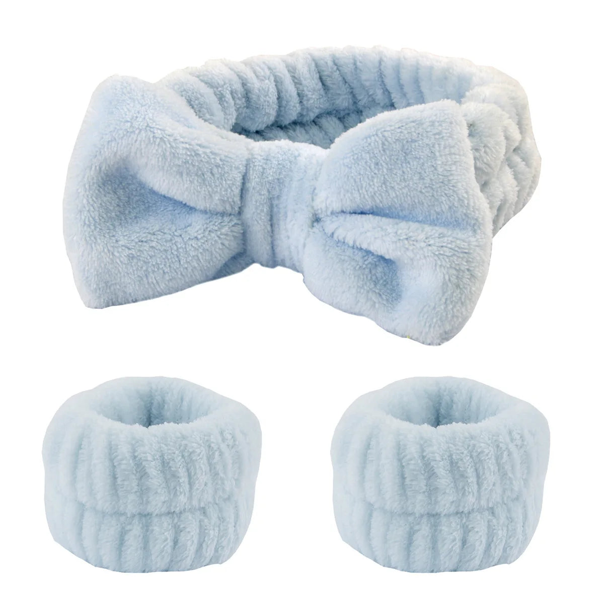 Kit Soin Visage – Bandeau Nœud Papillon & Bracelets Absorbants Bleu - Chic & Coquette