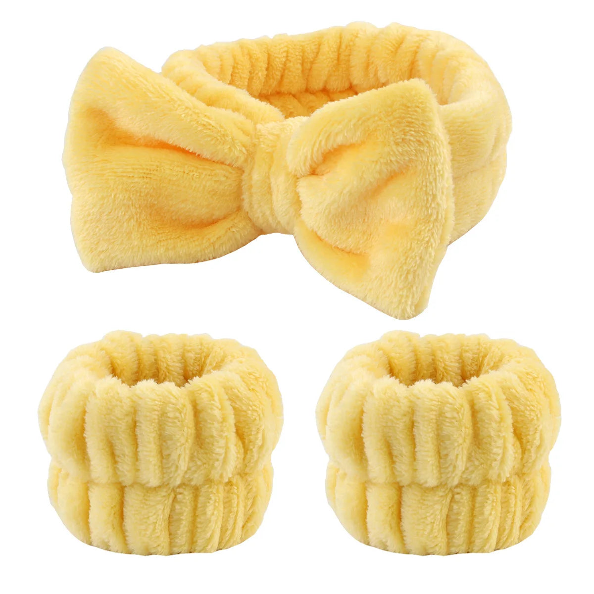 Kit Soin Visage – Bandeau Nœud Papillon & Bracelets Absorbants Jaune - Chic & Coquette