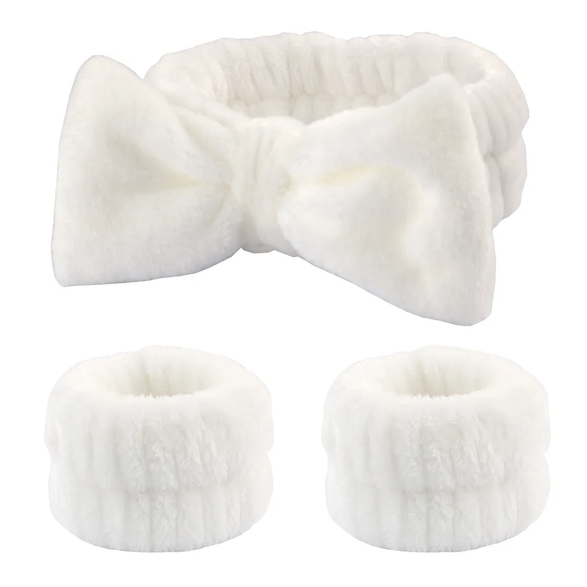 Kit Soin Visage – Bandeau Nœud Papillon & Bracelets Absorbants Blanc - Chic & Coquette
