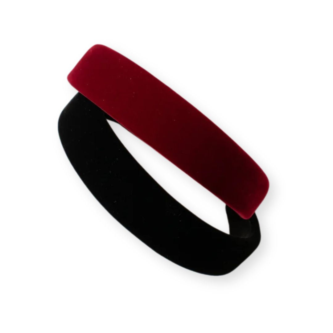 2 serre-têtes en velours épais rouge et noir vue de côté - Chic & Coquette