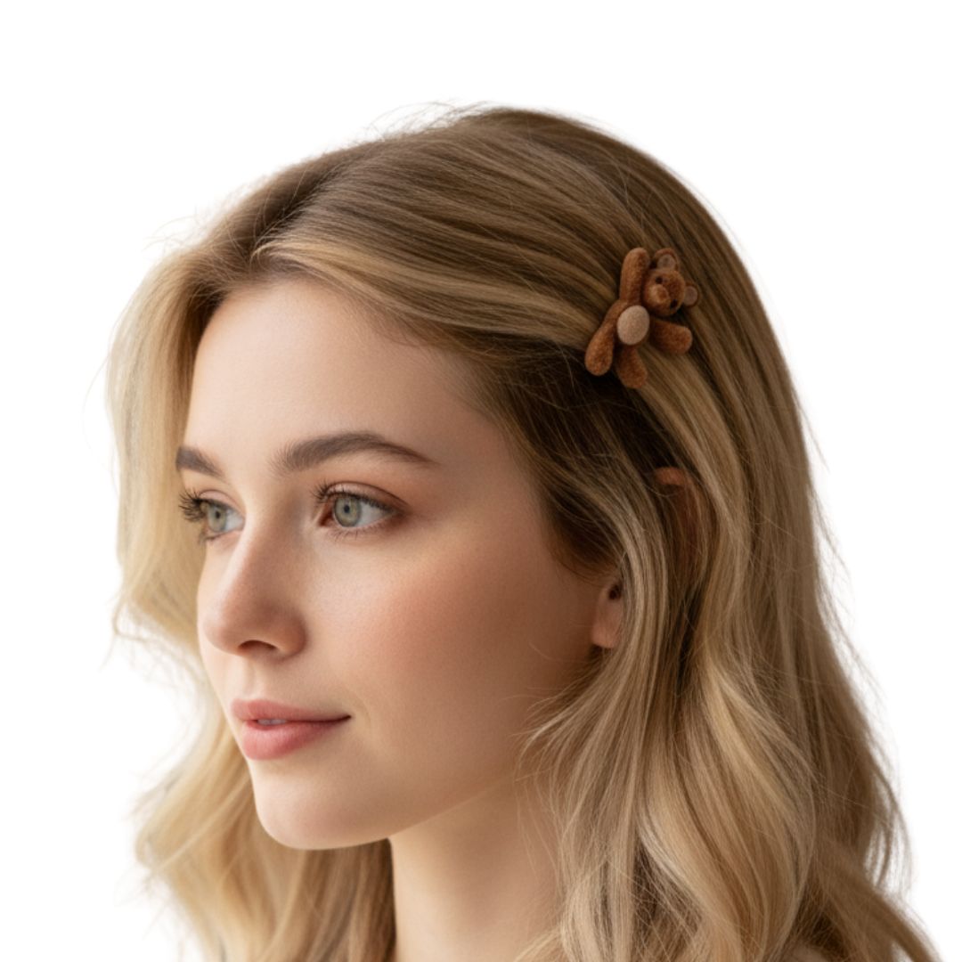 Femme vue de côté avec pince cheveux petit ourson marron en velours