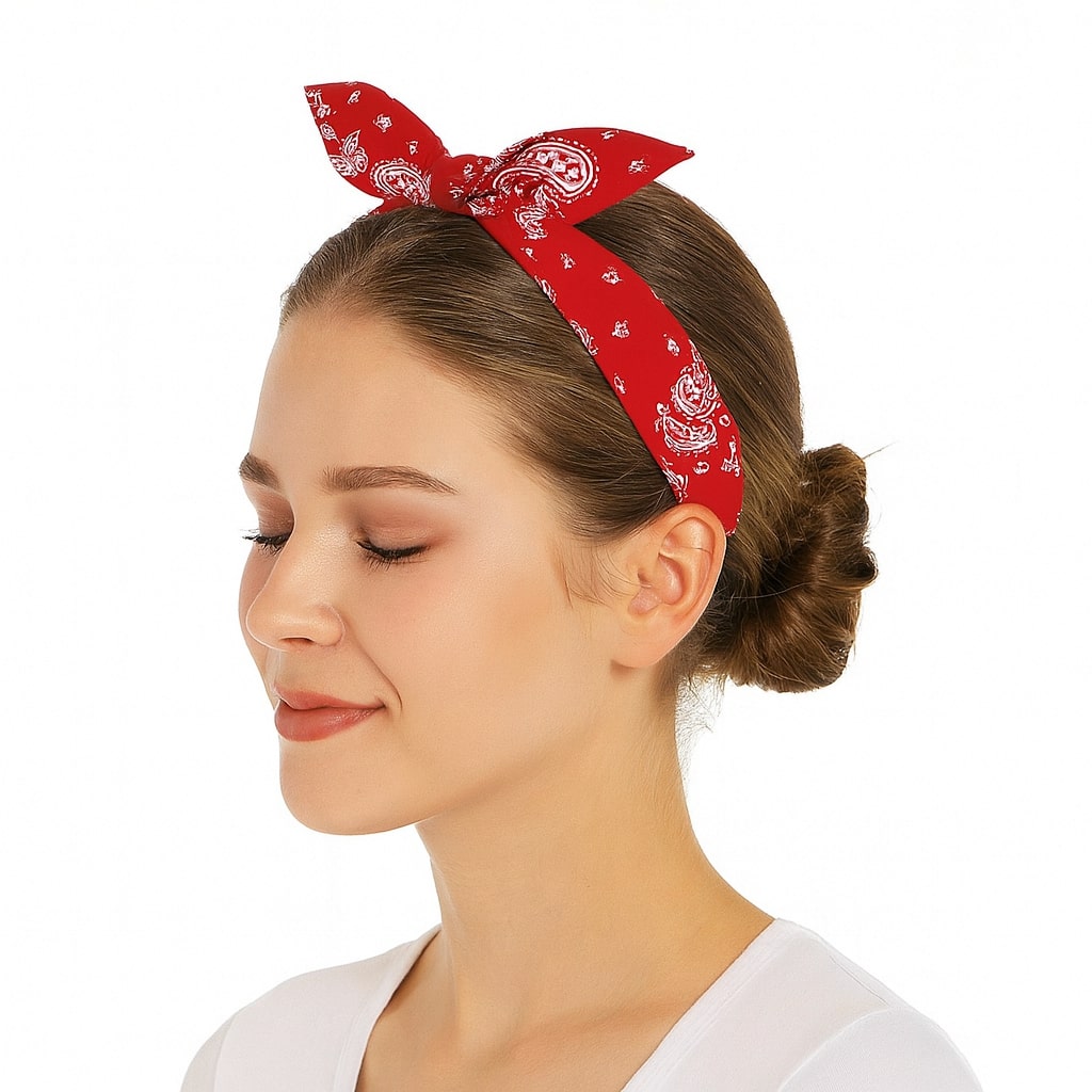 Femme avec serre-tête noeud bandana rouge - Chic & Coquette