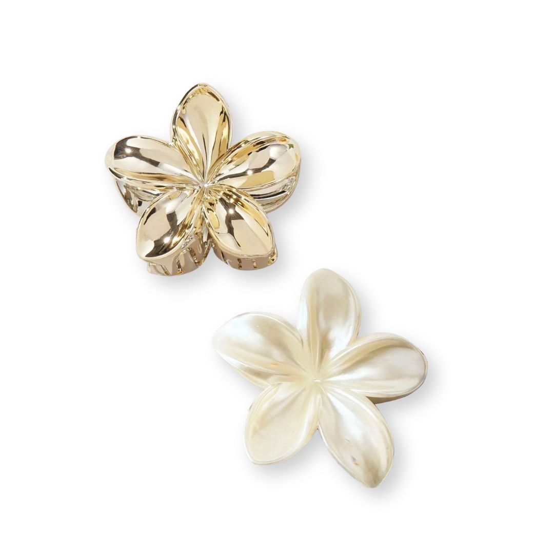 Pinces à cheveux fleur en acrylique blanc & or – Lot de 2 clips chics Or-blanc - Chic & Coquette