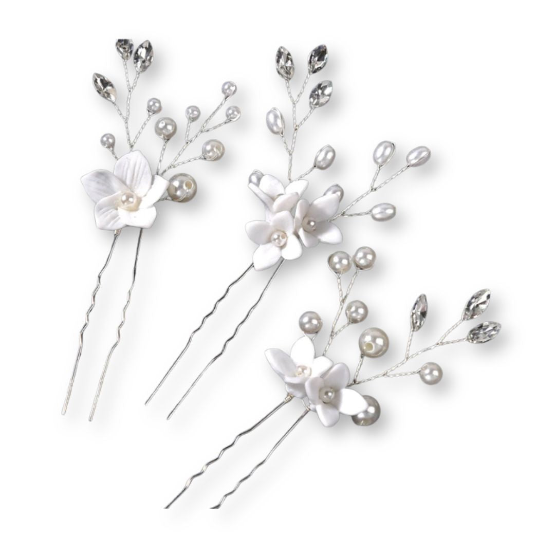 Lot de 3 épingles à cheveux fleurs blanches et perles Argent - Chic & Coquette