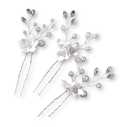 Lot de 3 épingles à cheveux fleurs blanches et perles Argent - Chic & Coquette