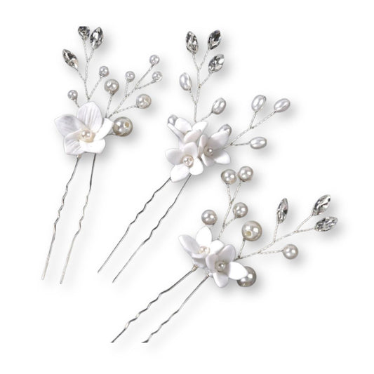 Lot de 3 épingles à cheveux fleurs blanches et perles Argent - Chic & Coquette