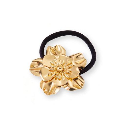 Élastique cheveux noir fleur dorée – Accessoire chic en métal Or - Chic & Coquette