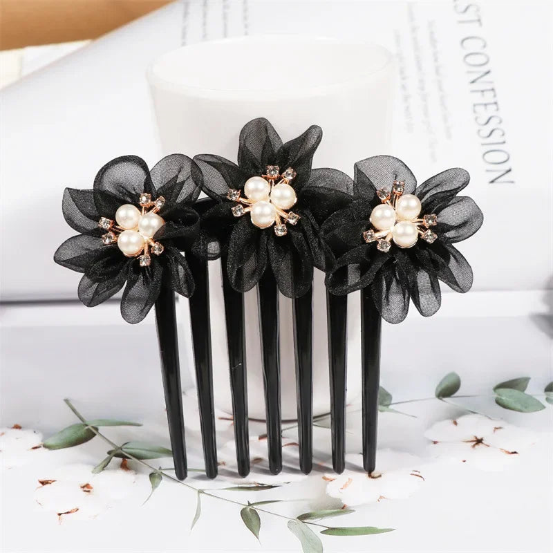 Peigne à cheveux fleurs tissées en fil de soie Noir - Chic & Coquette