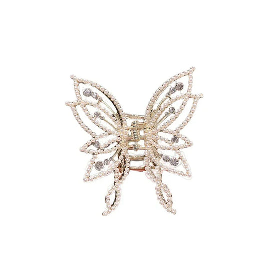 Pince à cheveux grand papillon orné de petites perles argenté Blanc - Chic & Coquette