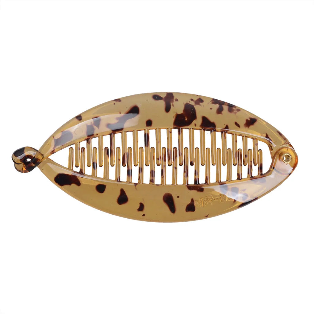 Grande pince à cheveux banane motif tacheté léopard marron pour queue de cheval - vue horizontale - Chic & Coquette