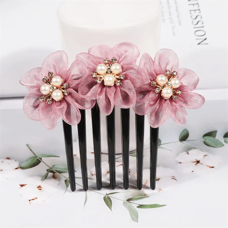 Peigne à cheveux fleurs tissées en fil de soie Rose - Chic & Coquette