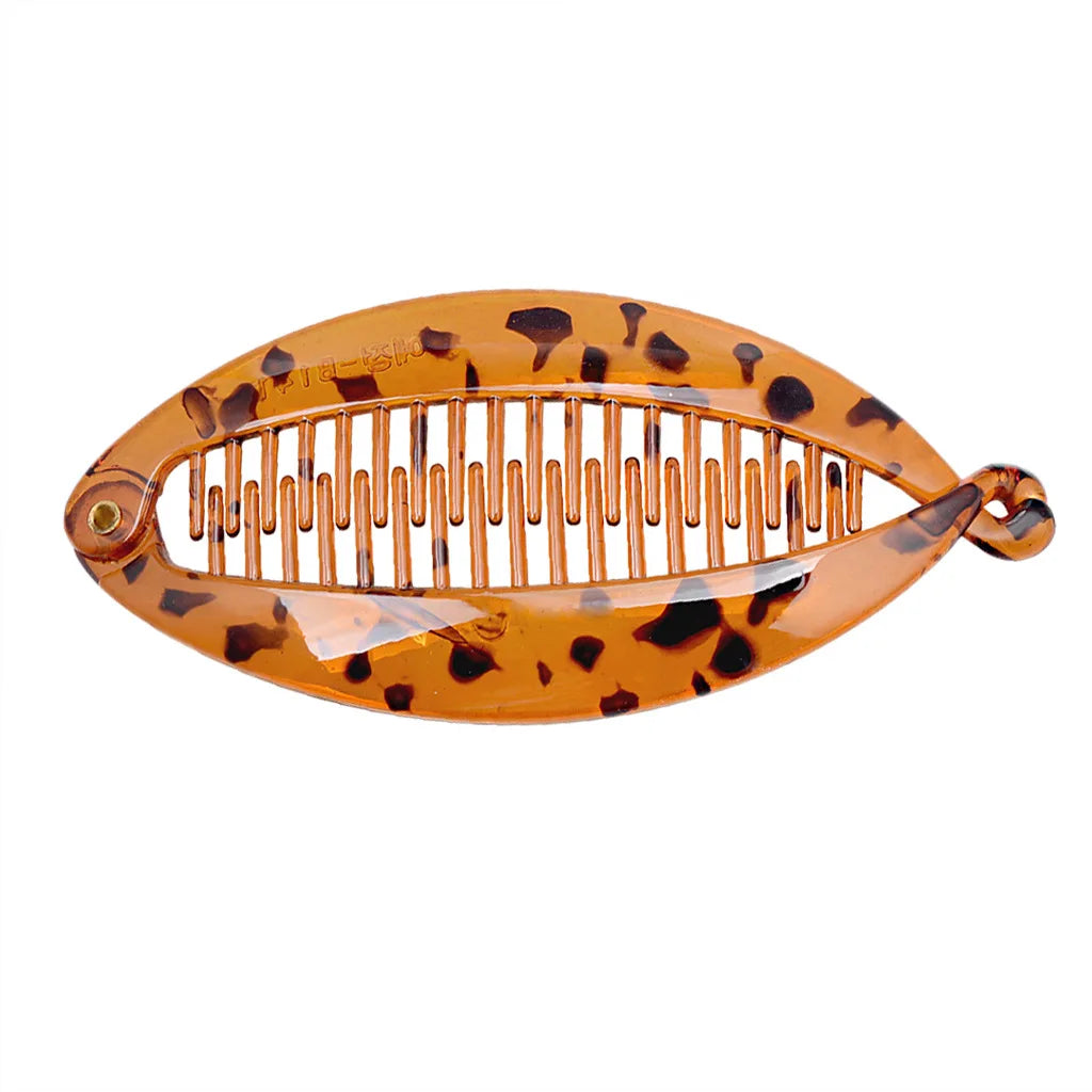Grande pince à cheveux banane motif tacheté léopard marron pour queue de cheval - vue horizontale - Chic & Coquette