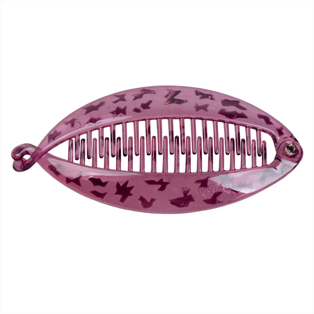 Grande pince à cheveux banane motif zébrée violet pour queue de cheval - vue horizontale - Chic & Coquette