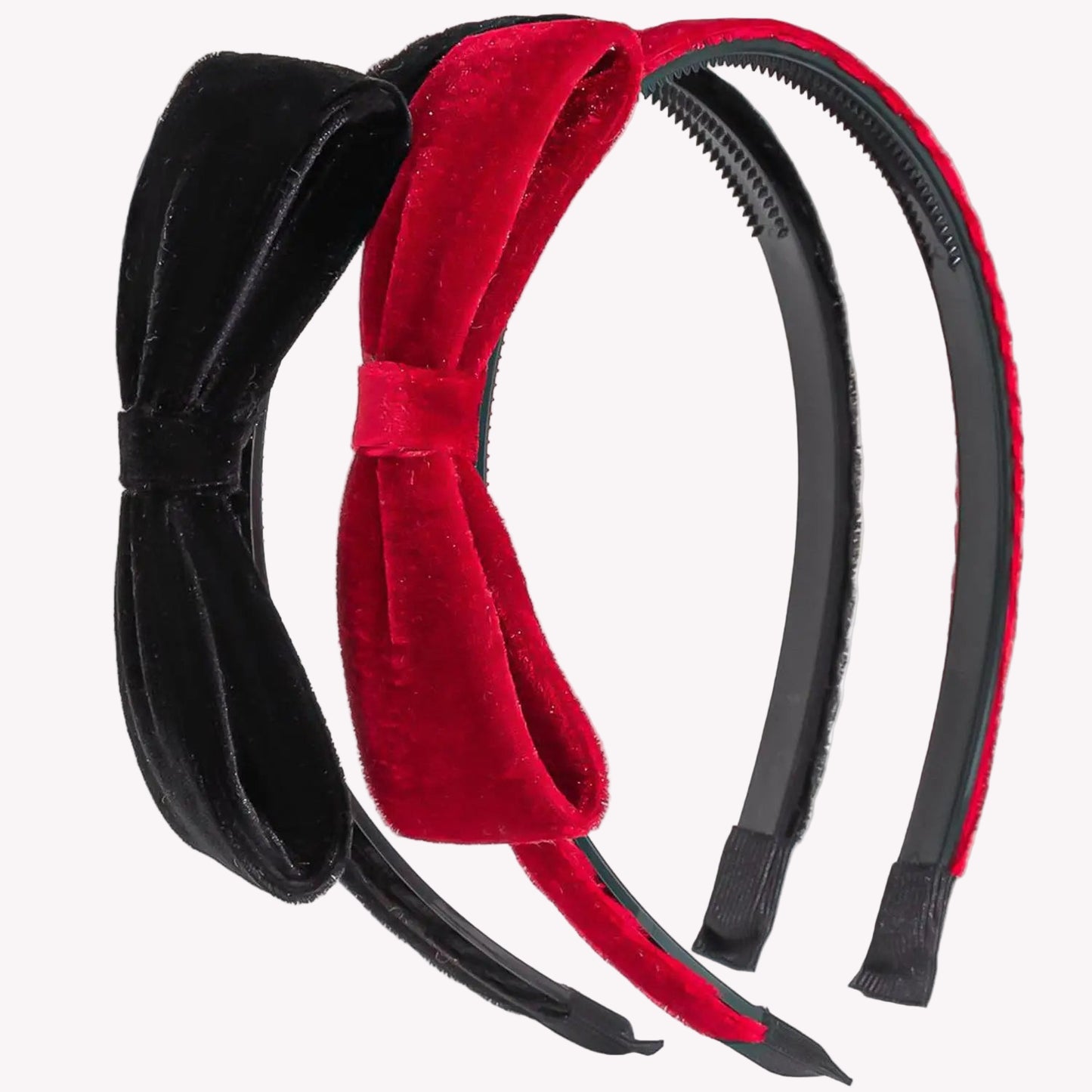2 serre-têtes petit noeud velours noir et rouge vue sur le côté - Chic & Coquette