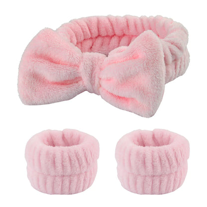 Kit Soin Visage – Bandeau Nœud Papillon & Bracelets Absorbants Rose - Chic & Coquette