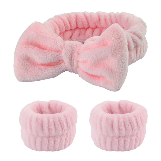 Kit Soin Visage – Bandeau Nœud Papillon & Bracelets Absorbants Rose - Chic & Coquette