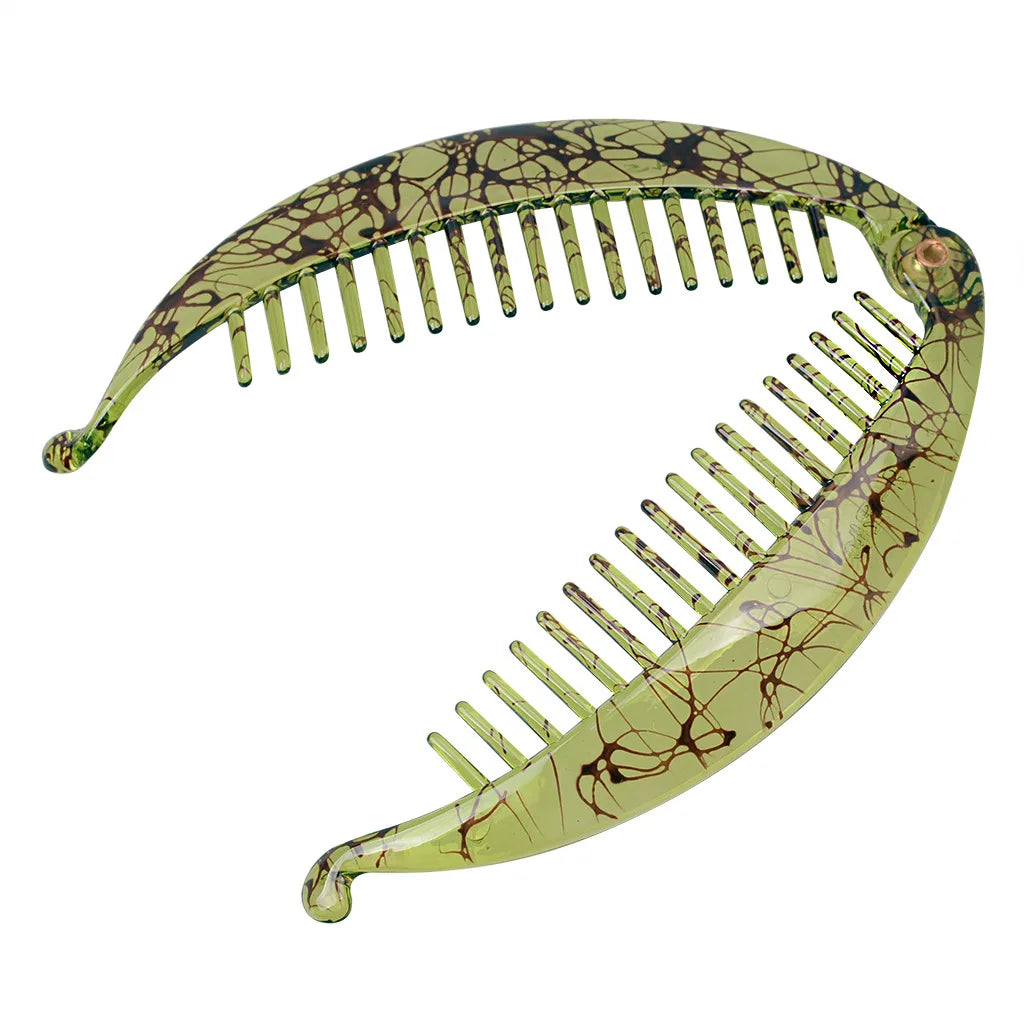 Grande pince à cheveux banane effet marbre veinure vert pour queue de cheval - griffe ouverte - Chic & Coquette