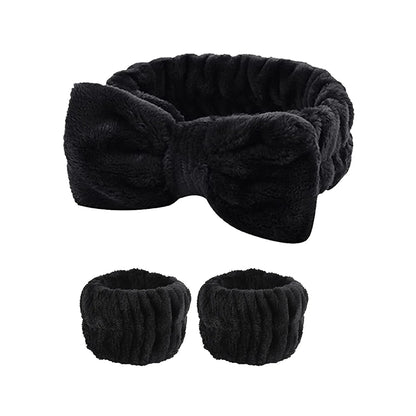 Kit Soin Visage – Bandeau Nœud Papillon & Bracelets Absorbants Noir - Chic & Coquette