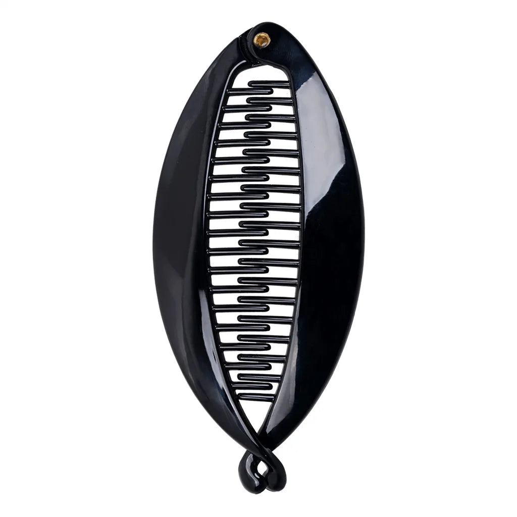 Grande pince à cheveux banane translucide noir pour queue de cheval - vue verticale - Chic & Coquette