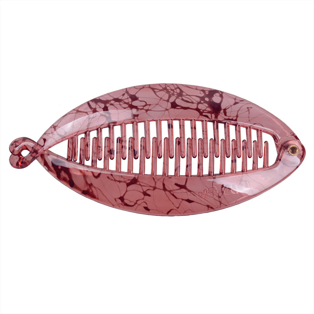 Grande pince à cheveux banane effet marbre veinure rose pour queue de cheval - vue horizontale - Chic & Coquette