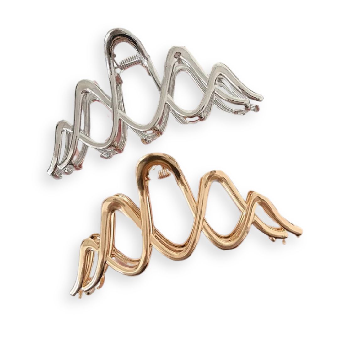 Deux grandes pinces à cheveux crabe ondulée en métal doré et argenté - Chic & Coquette