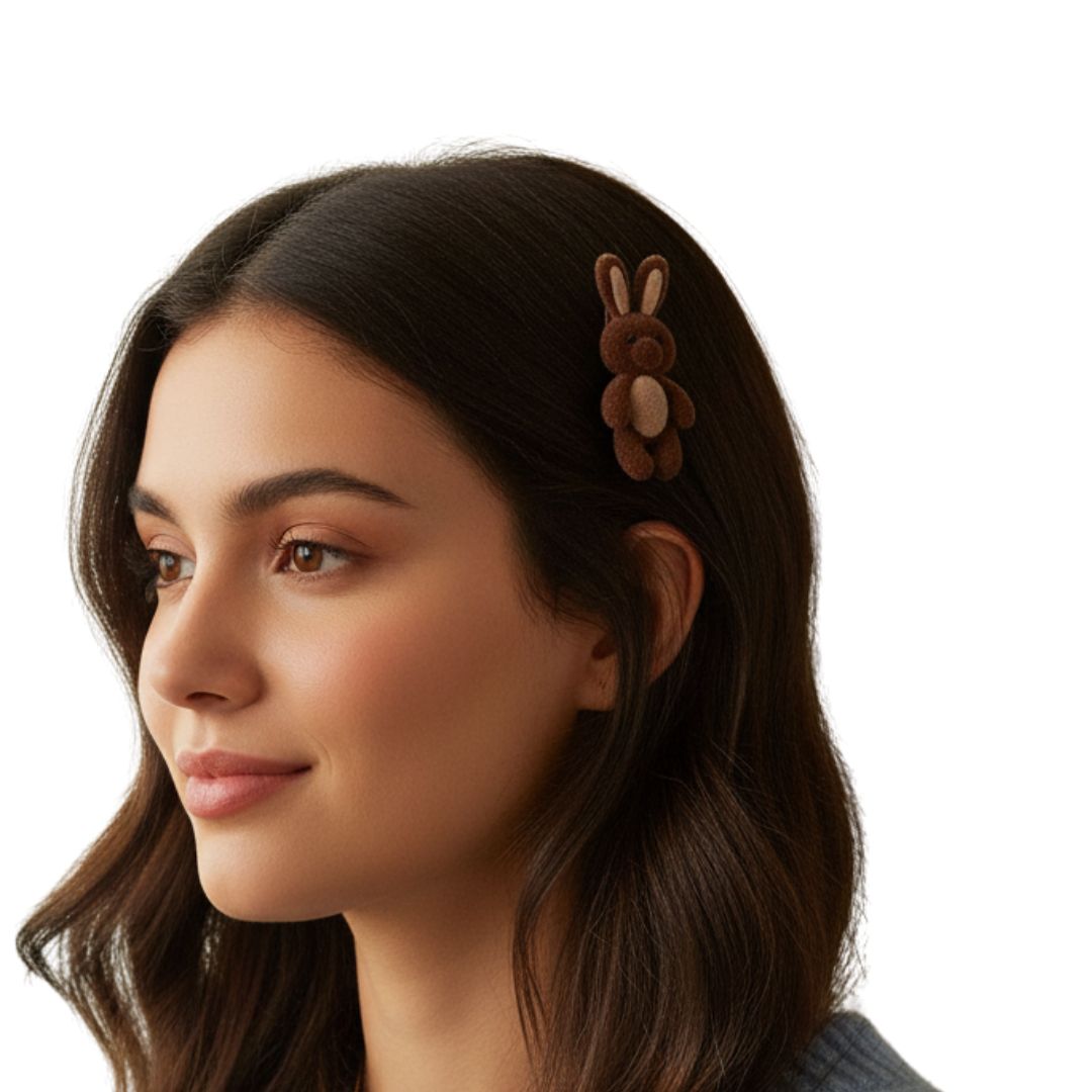 Femme avec pince cheveux petit lapin en velours marron - Chic & Coquette