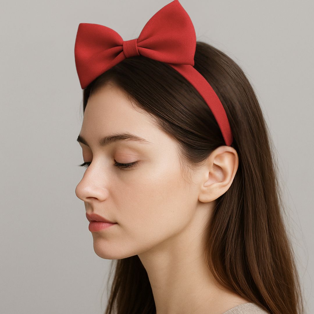 Femme avec serre-tête grand noeud en velours rouge - Chic & Coquette