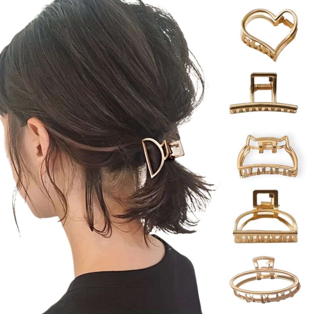 Femme coiffée avec les différentes petites pinces à cheveux crabe géométrique en or creux - Chic & Coquette