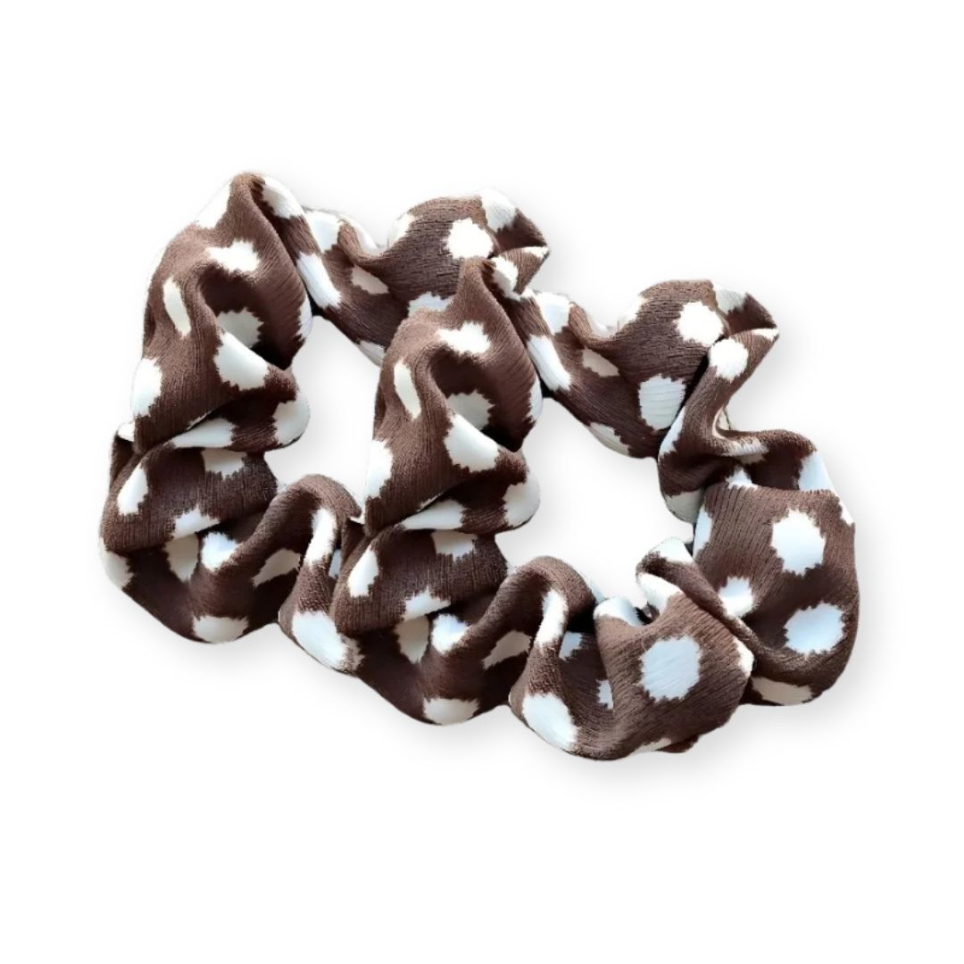 Lot de 2 chouchous imprimé léopard à pois blanc sur marron en tissu épais - Chic & Coquette