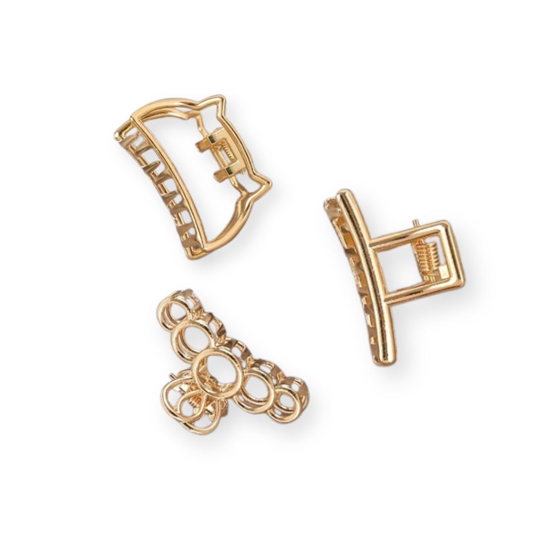 Lot de 3 petites pinces cheveux en or géométrique en forme de chat, cravate et cercle - Chic & Coquette