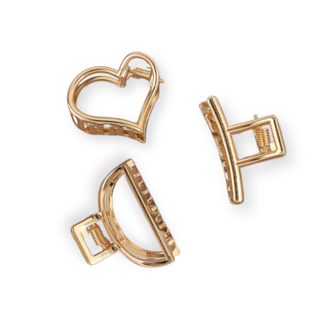 Lot de 3 petites pinces cheveux en or géométrique en forme de coeur, cravate et demi-cercle - Chic & Coquette