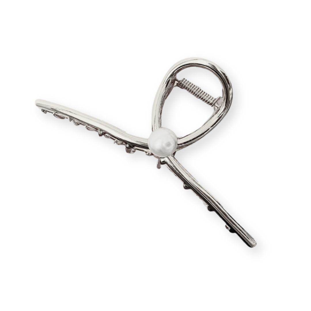 Pince à cheveux crabe en métal avec perle nacrée en argent - Chic & Coquette