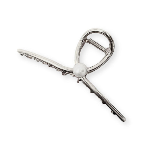 Pince à cheveux crabe en métal avec perle nacrée en argent - Chic & Coquette